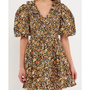 English Factory Women's Plunge V Smocked Cotton Floral Mini Dress